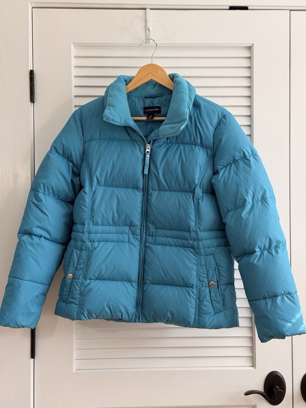 Lands’ End Women’s M 10-12 Down Puffer Jacket Turquoise Blue Fleece Collar
